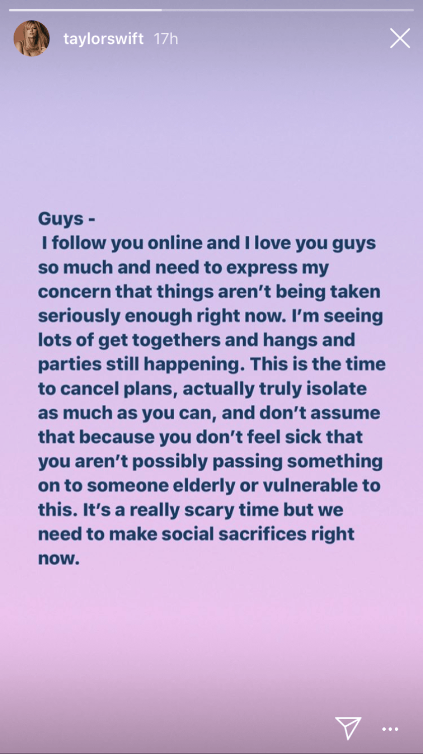 Taylor Swift Instagram Story 2020 March